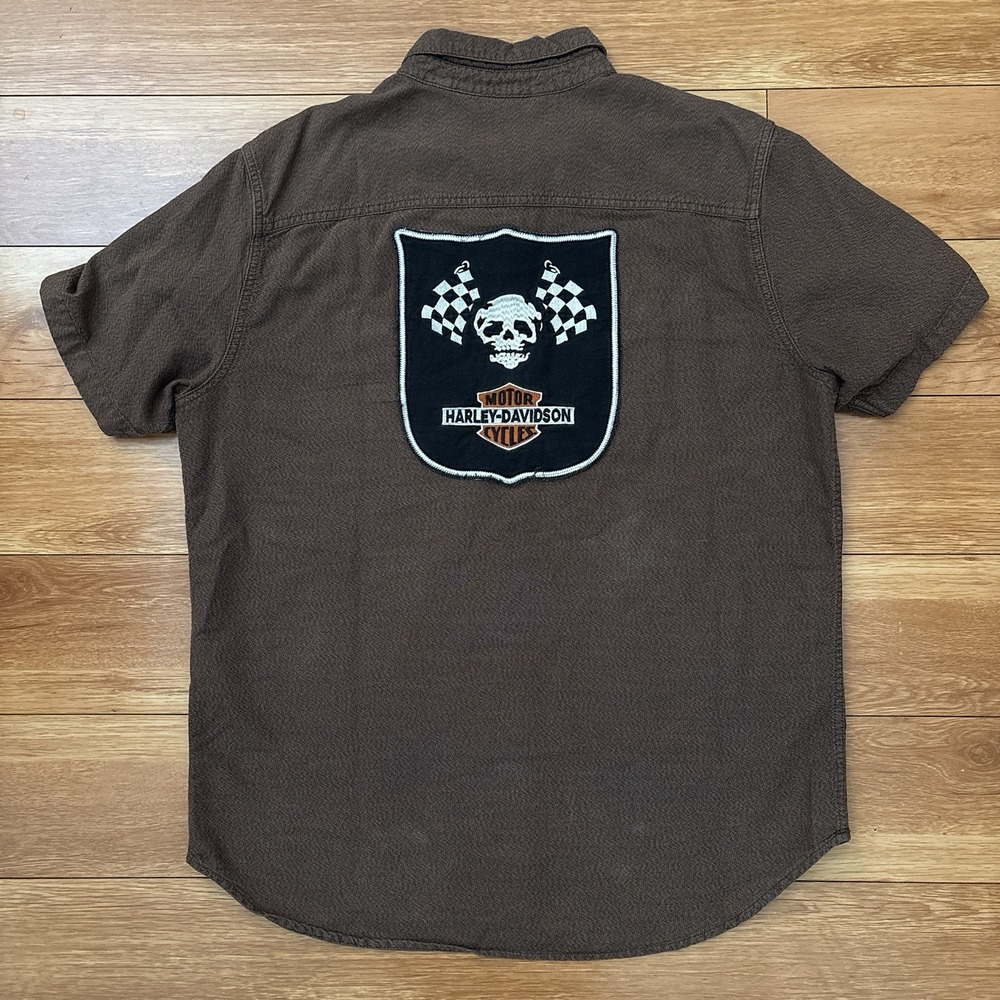 Harley Davidson Men's M Brown 2000s Short Sleeve Button Up Shirt 100% Cotton